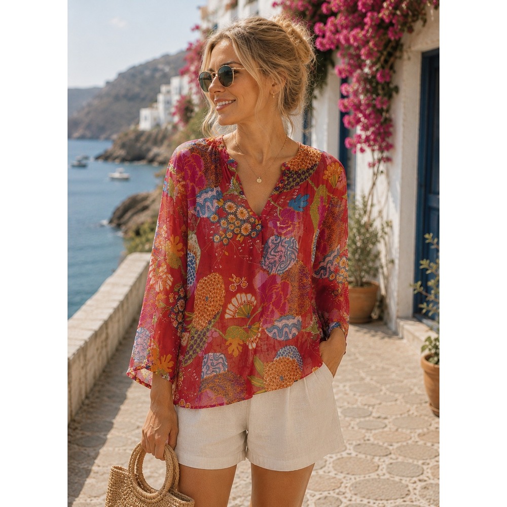 KikiSol Tunic Top Women Medium Red Floral Cotton 3/4 Sleeve V-Neck Boho